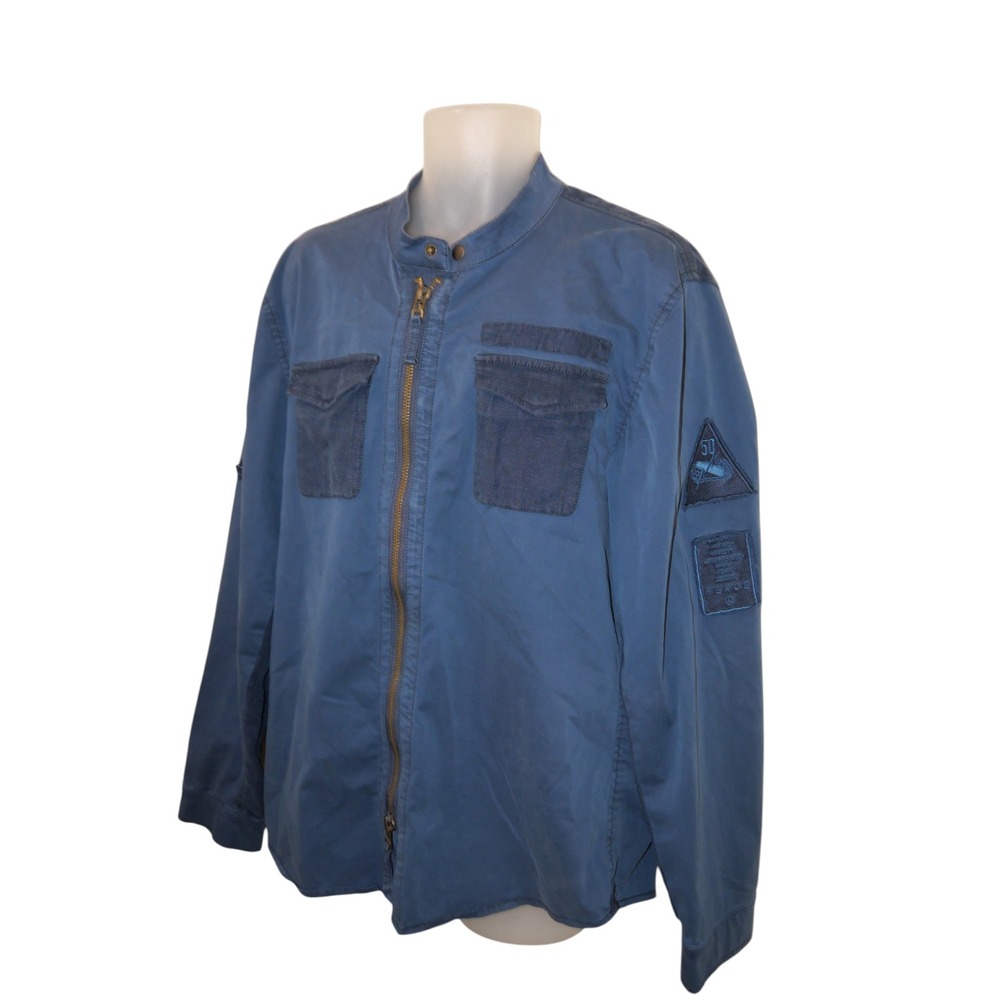John Varvatos Blue Cotton Linen Military Patches Zip Jacket/Shirt Men's L